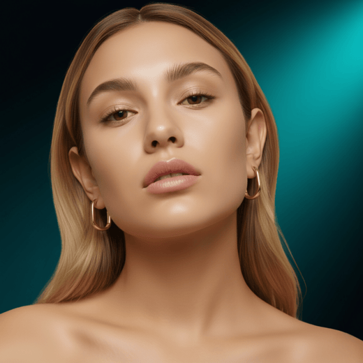 Woman wearing NUUR Amari U-shaped 18K gold plated hoop earrings, three-quarter view