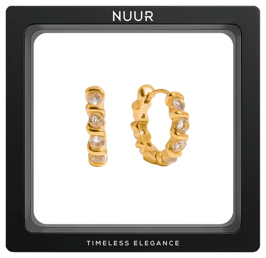 NUUR Elira 18K gold plated huggie hoop earrings with zircon stones in a black display frame