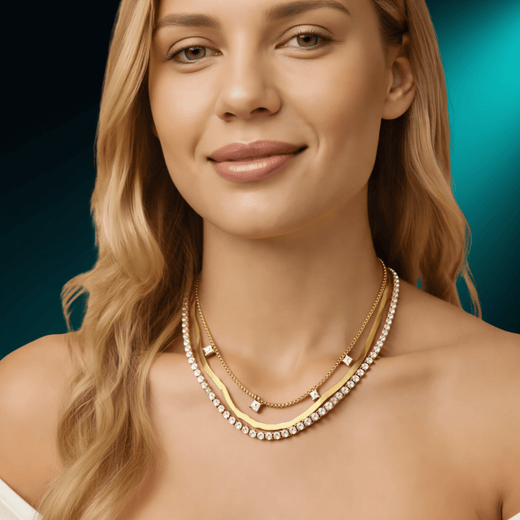 Woman wearing the NUUR Kaia layered gold-plated zircon necklace, front view