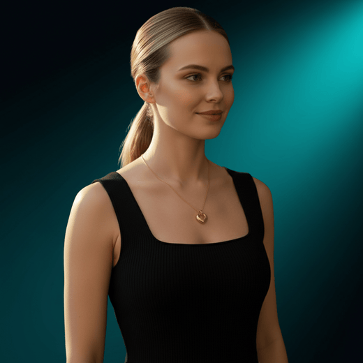 Woman in a black top wearing the NUUR Liora 18K gold plated heart pendant necklace