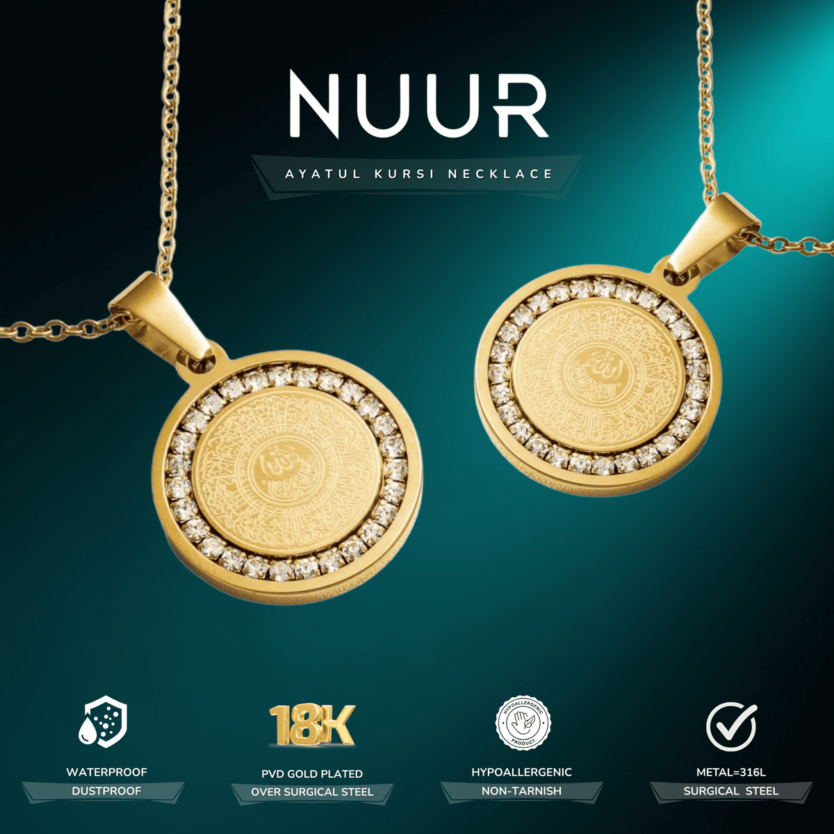 NUUR Ayatul Kursi necklace feature card - waterproof, 18K PVD gold plated, hypoallergenic 316L steel