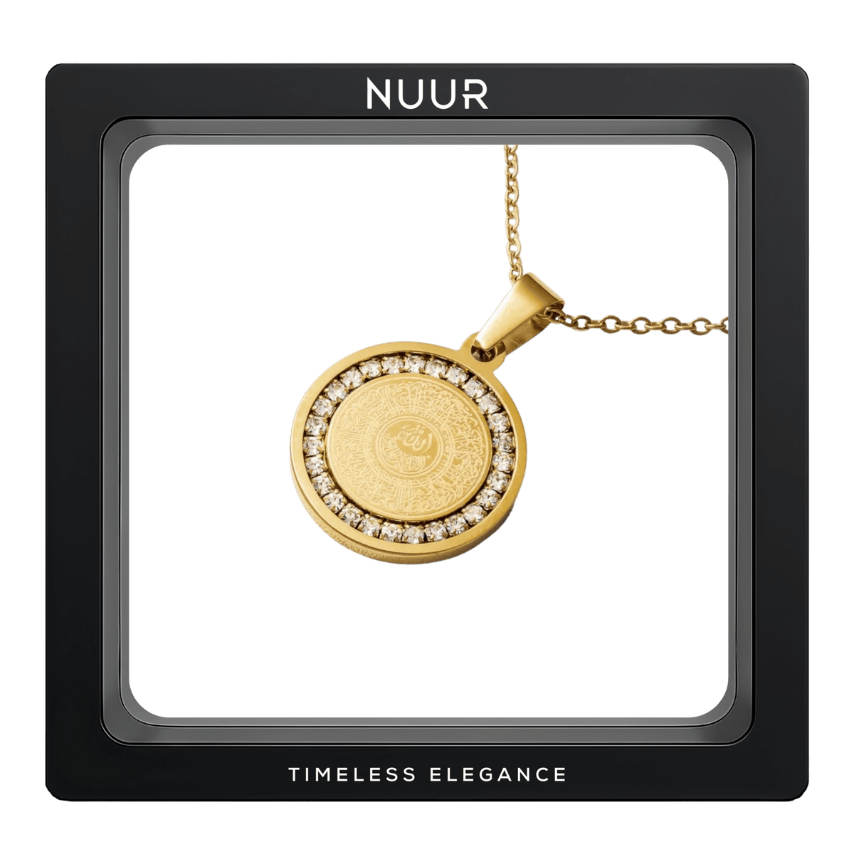 NUUR Ayatul Kursi gold medallion necklace with a zircon halo in a black display frame