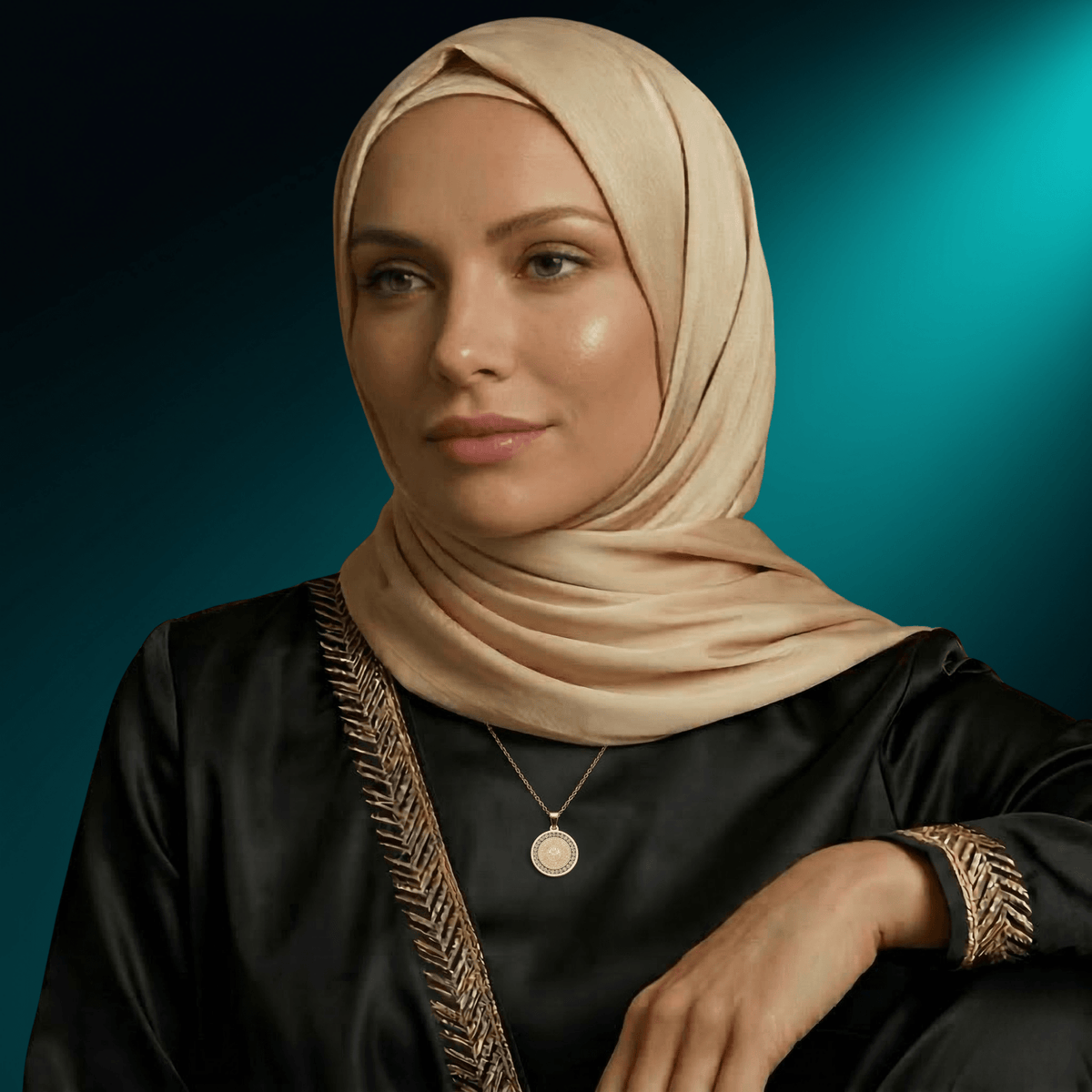 Woman in a hijab wearing the NUUR Ayatul Kursi necklace, three-quarter view