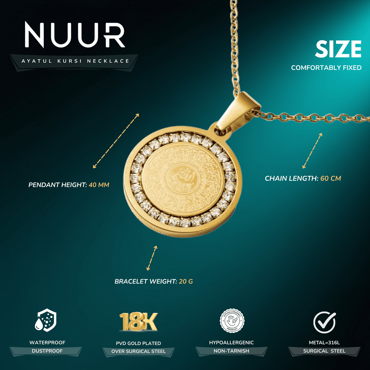 NUUR Ayatul Kursi necklace size chart - 60 cm chain, 40 mm pendant