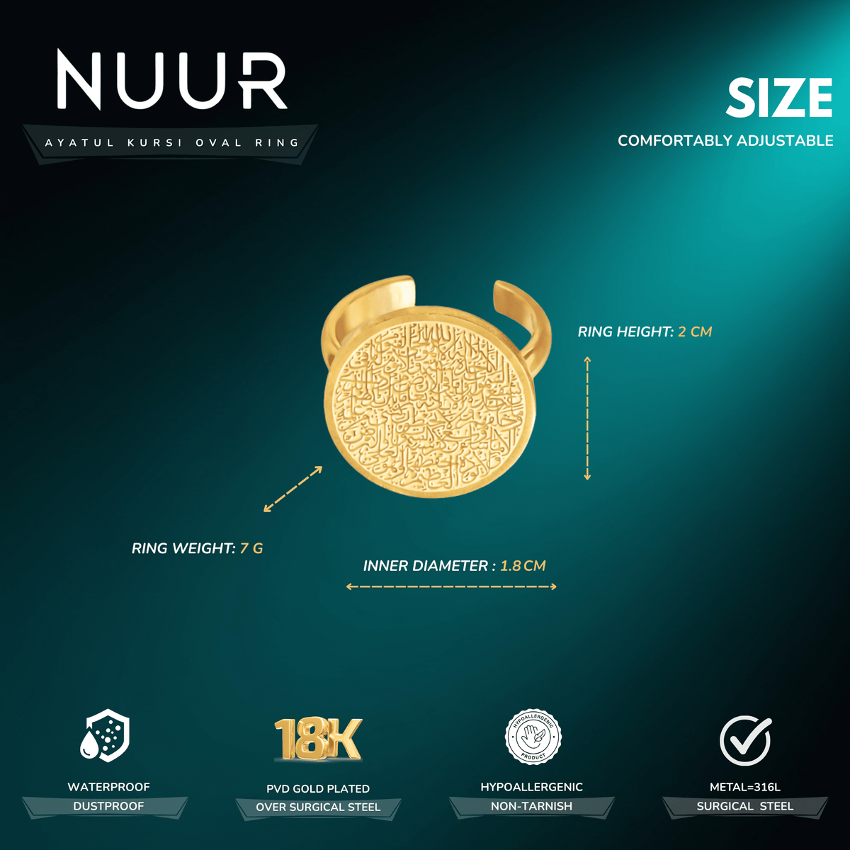 NUUR Ayatul Kursi oval ring size chart - 1.8 cm inner diameter, 2 cm height, 7 g