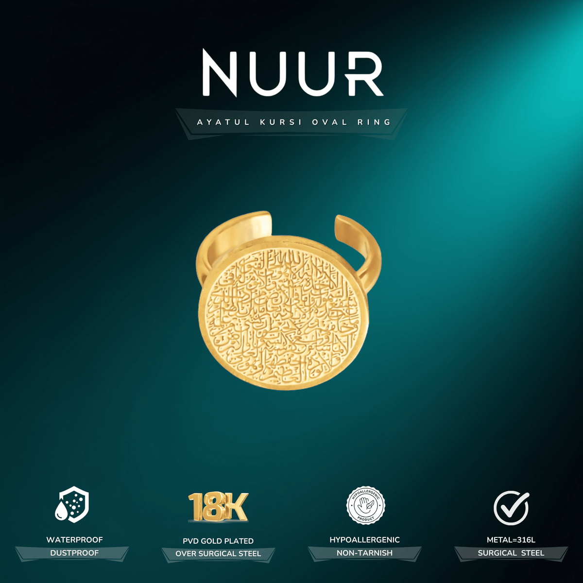 NUUR Ayatul Kursi oval ring feature card - waterproof, 18K PVD gold plated, 316L surgical steel
