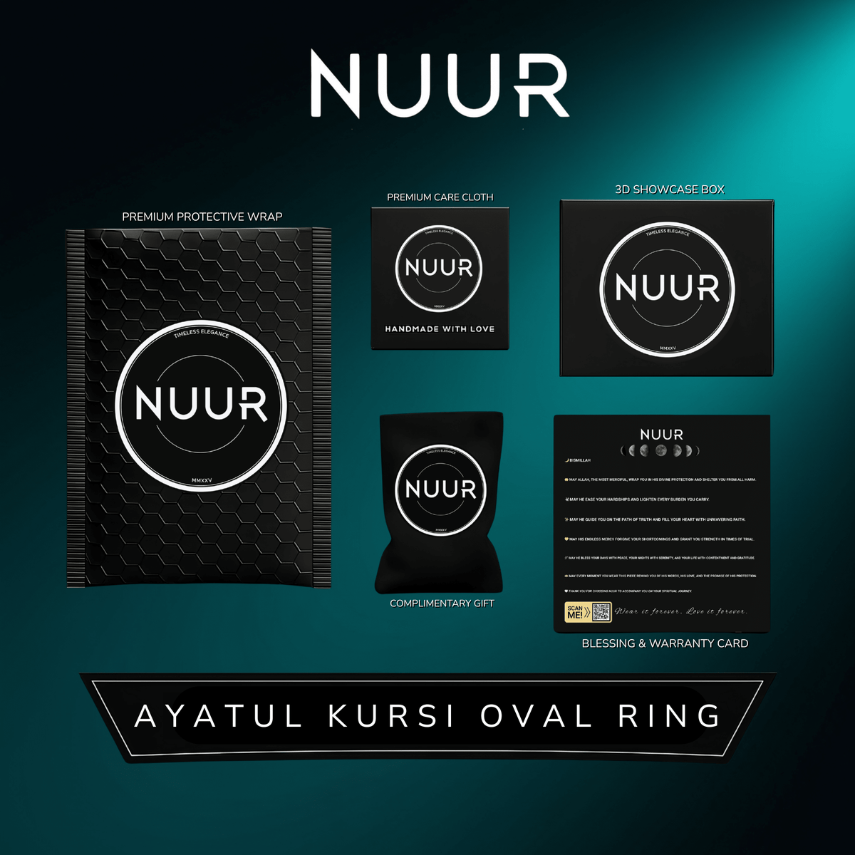 NUUR Ayatul Kursi oval ring gift packaging - display box, care cloth, wrap and blessing card