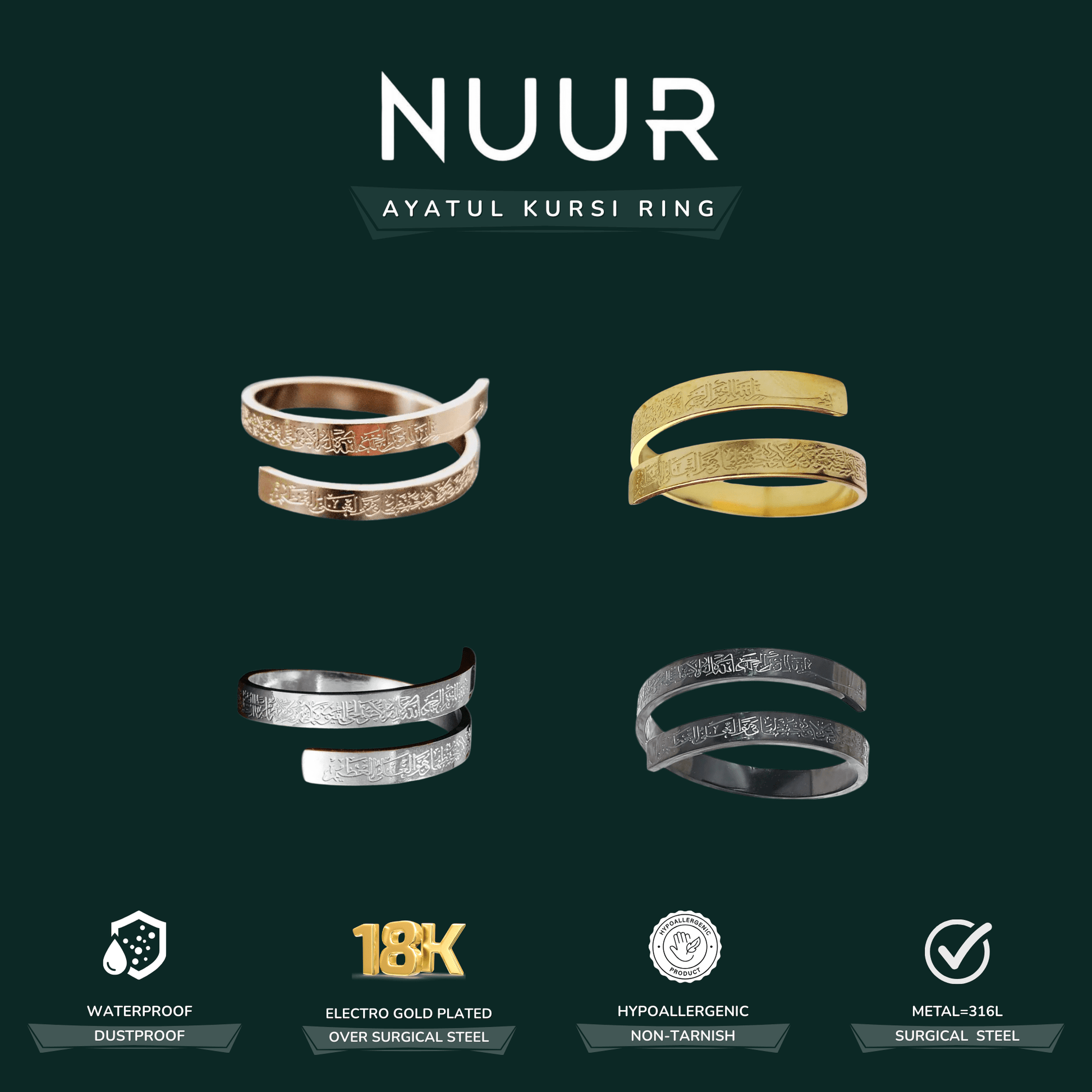 NUUR Ayatul Kursi Ring – 18K Gold Plated, Non - Tarnish | Gift - Ready Islamic Jewelry - NUUR | South Africa | Official Store
