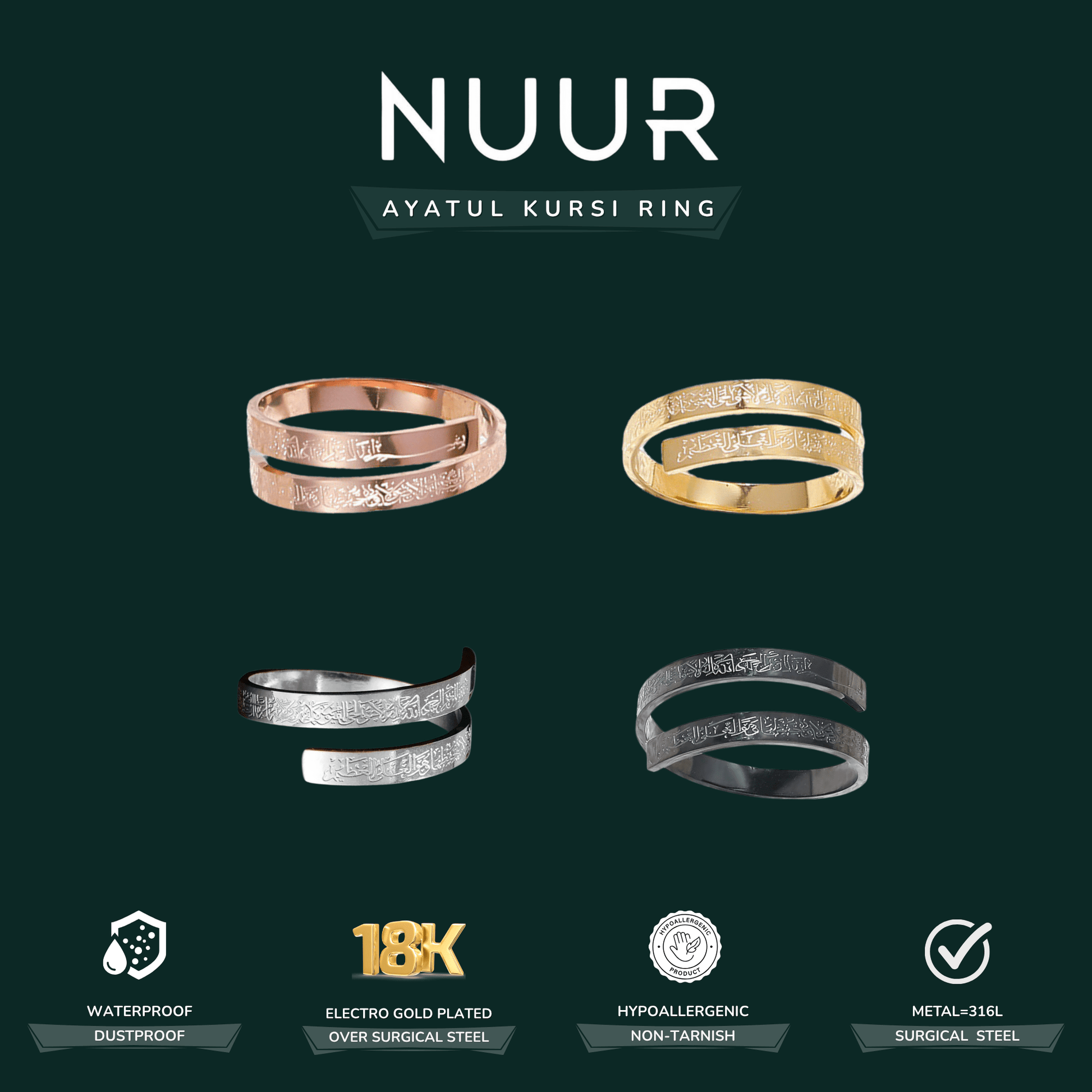 NUUR Ayatul Kursi Ring – 18K Gold Plated, Non - Tarnish | Gift - Ready Islamic Jewelry - NUUR | Islamic Jewelry
