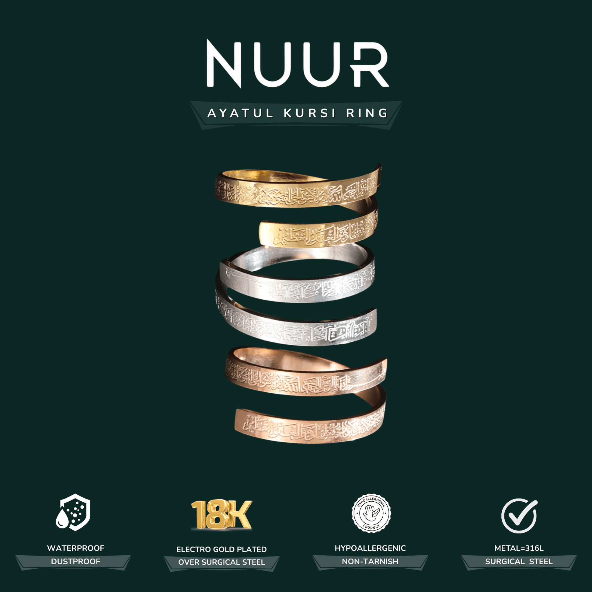 NUUR Ayatul Kursi Ring – 18K Gold Plated, Non - Tarnish | Gift - Ready Islamic Jewelry - NUUR | Islamic Jewelry