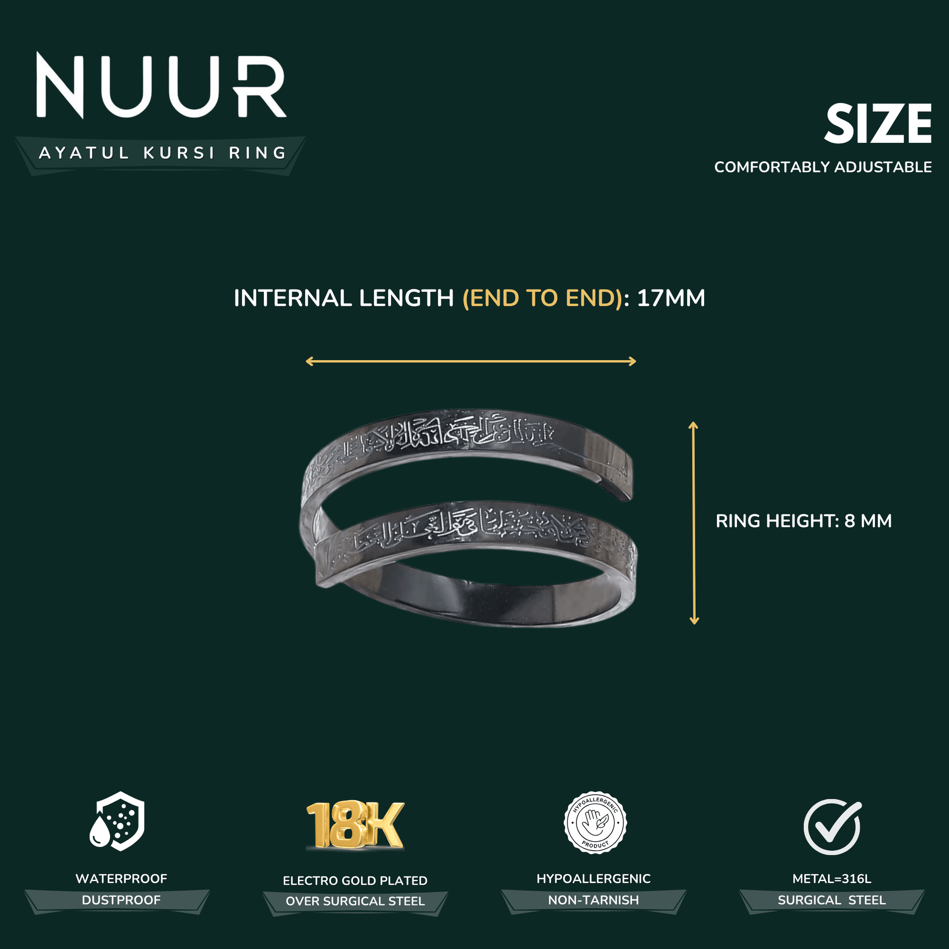 NUUR Ayatul Kursi Ring – 18K Gold Plated, Non - Tarnish | Gift - Ready Islamic Jewelry - NUUR | Islamic Jewelry