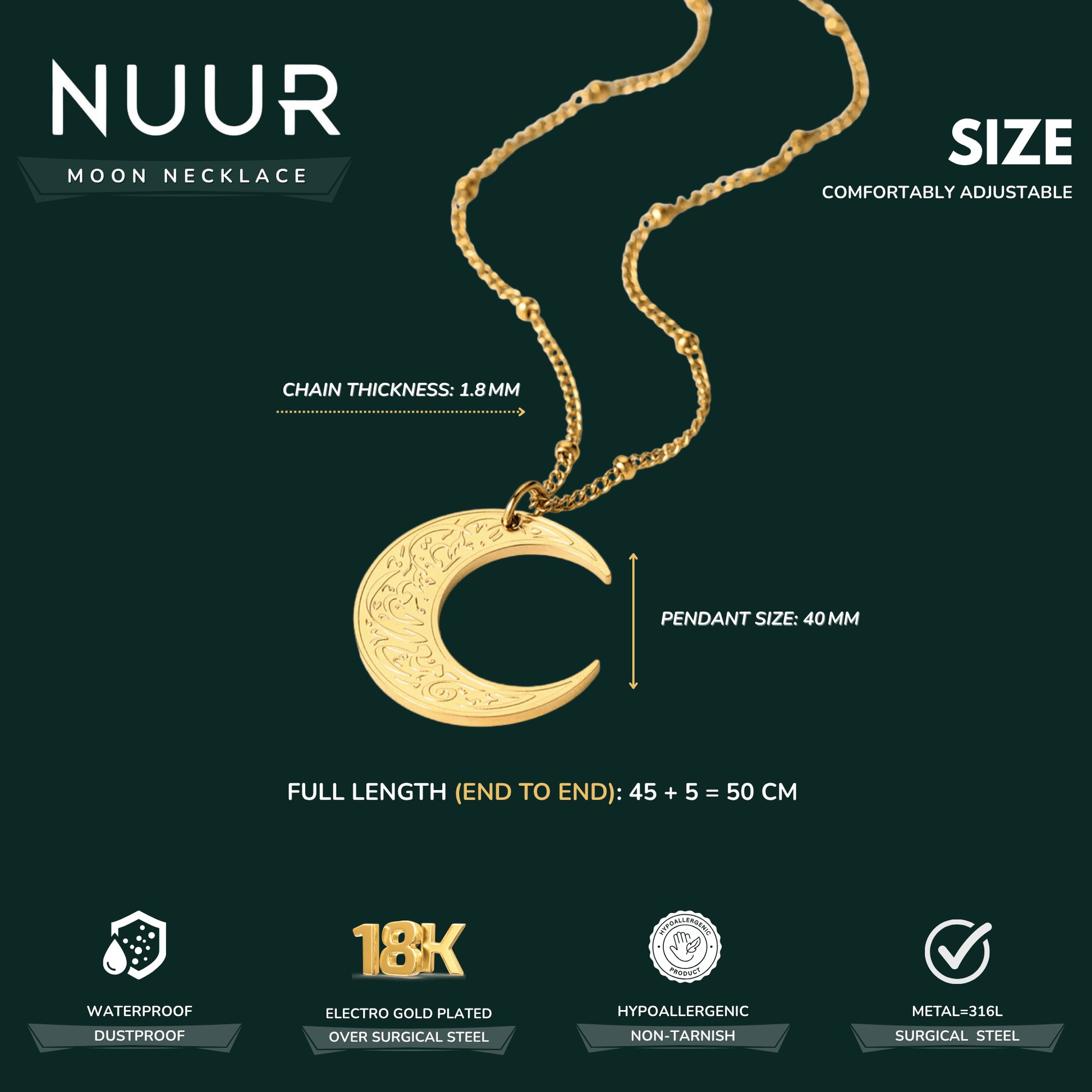 NUUR Moon Necklace – 18K Gold Plated, Non - Tarnish | Gift - Ready Islamic Jewelry - NUUR | Islamic Jewelry