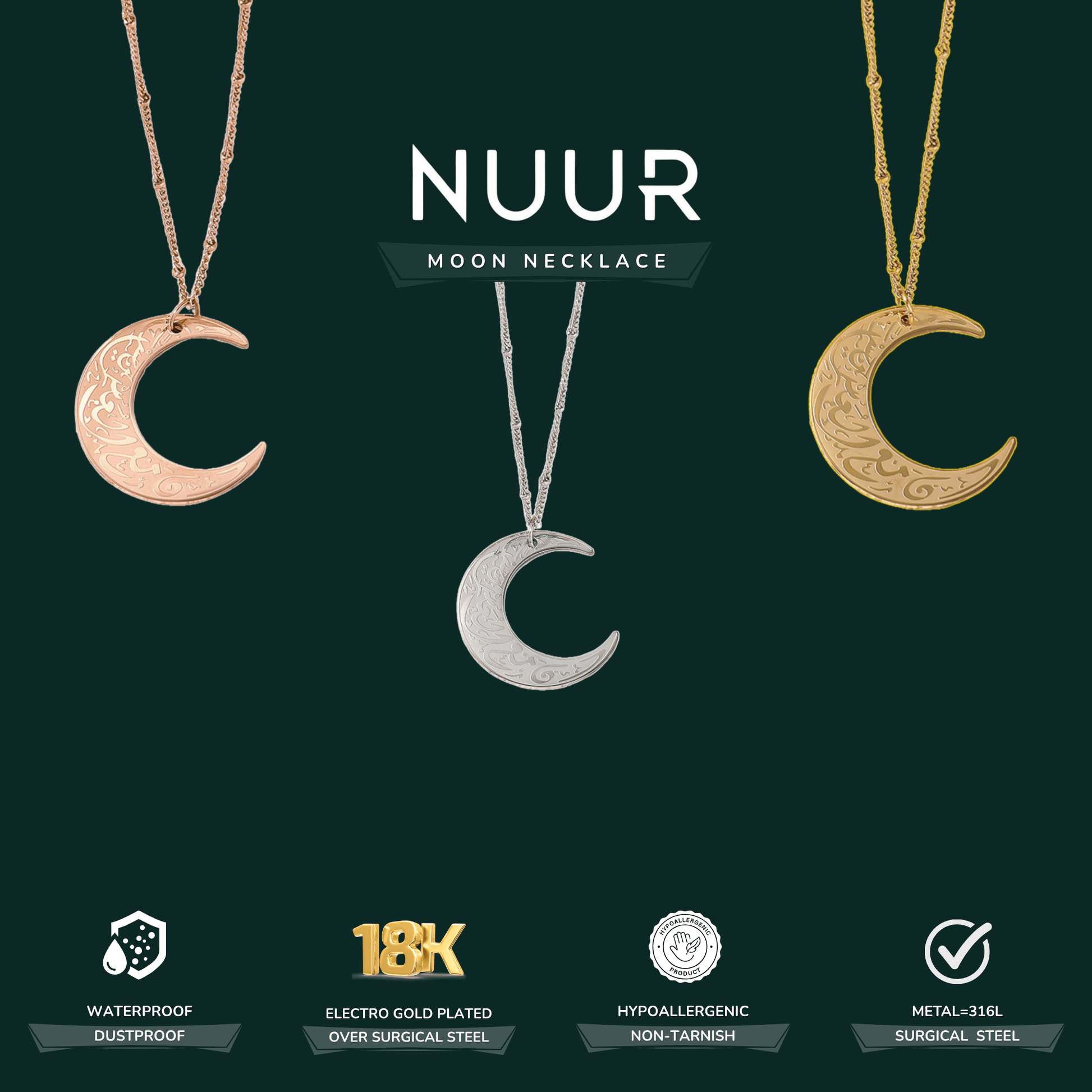 NUUR Moon Necklace – 18K Gold Plated, Non - Tarnish | Gift - Ready Islamic Jewelry - NUUR | Islamic Jewelry