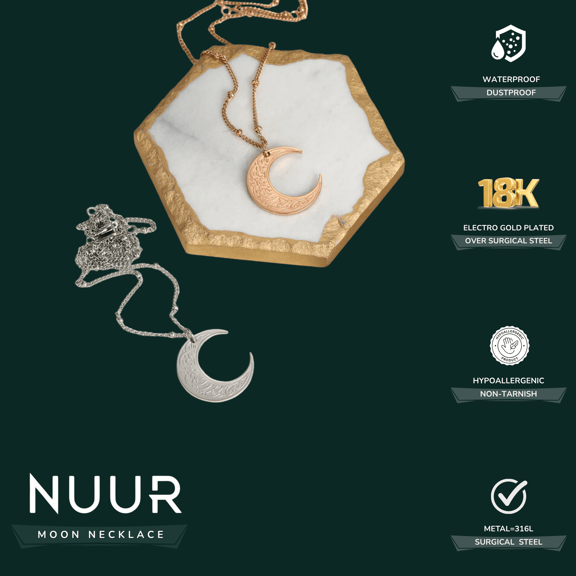 NUUR Moon Necklace – 18K Gold Plated, Non - Tarnish | Gift - Ready Islamic Jewelry - NUUR | Islamic Jewelry