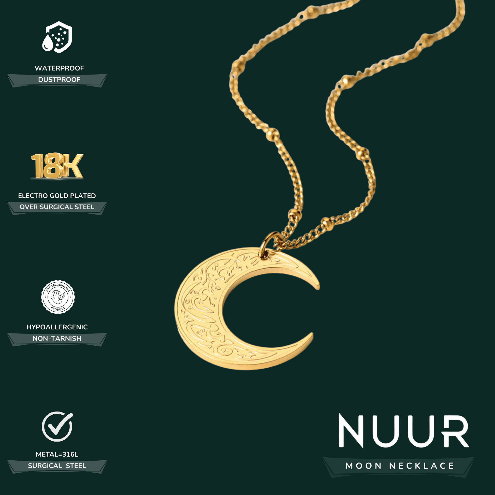 NUUR Moon Necklace – 18K Gold Plated, Non - Tarnish | Gift - Ready Islamic Jewelry - NUUR | Islamic Jewelry