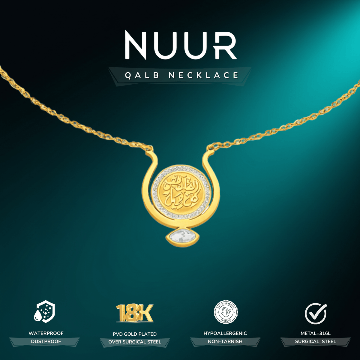 NUUR Qalb necklace feature card - waterproof, 18K PVD gold plated, hypoallergenic 316L steel