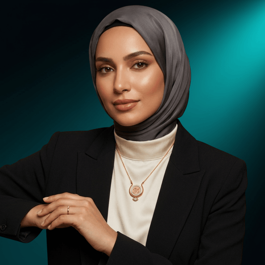 Woman in a grey hijab wearing the NUUR Qalb gold medallion necklace, front view