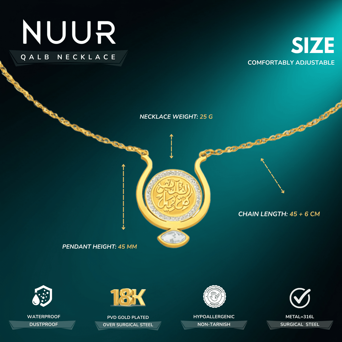 NUUR Qalb necklace size chart - 45 plus 6 cm chain, 45 mm pendant, 25 g