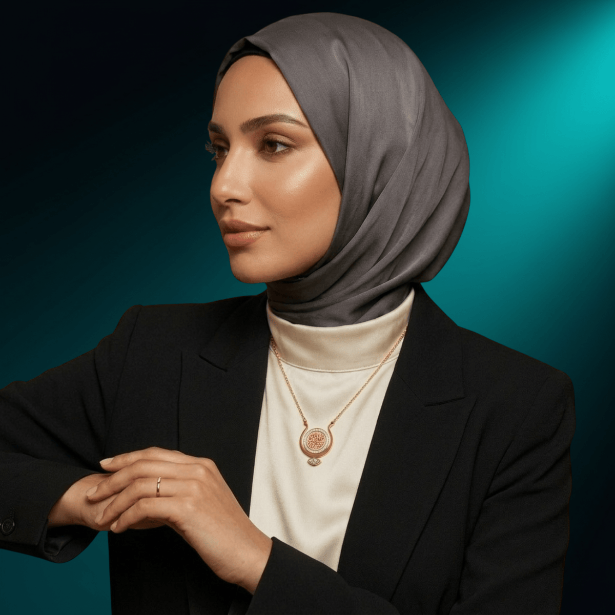 Woman in a grey hijab wearing the NUUR Qalb necklace, three-quarter view