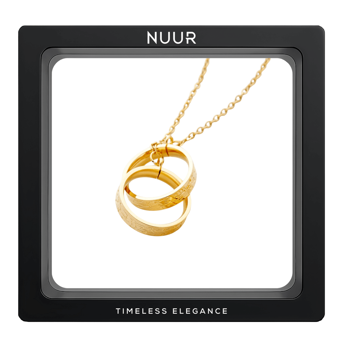 NUUR Sanad necklace with two interlocking gold rings on a fine chain, in a black display frame