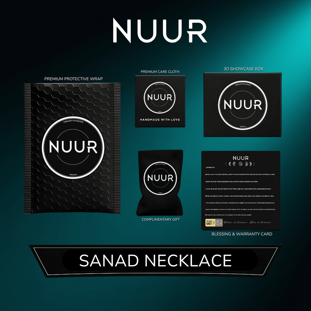 NUUR Sanad necklace gift packaging - display box, care cloth, wrap and blessing card