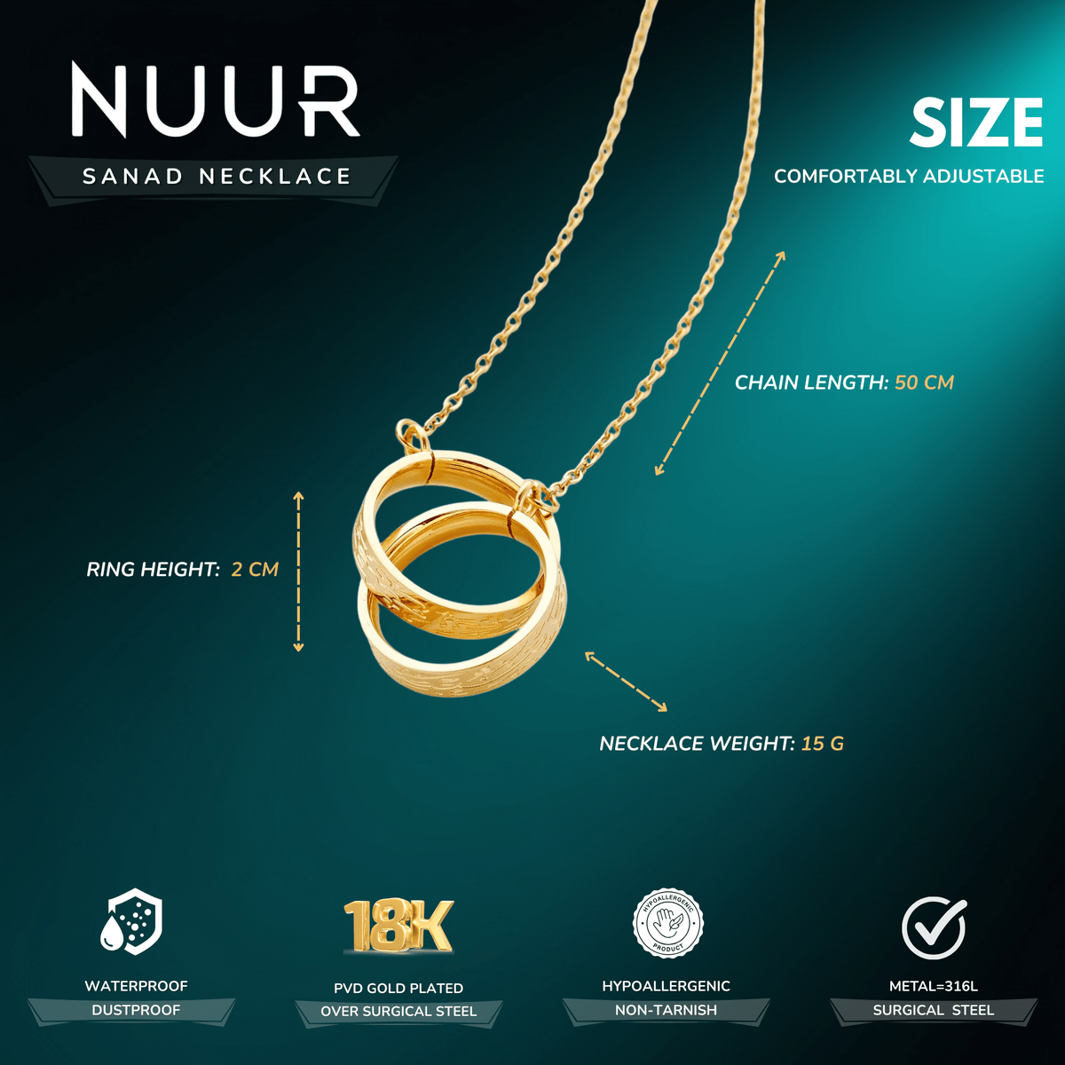 NUUR Sanad necklace size chart - 50 cm chain, 2 cm rings, 15 g