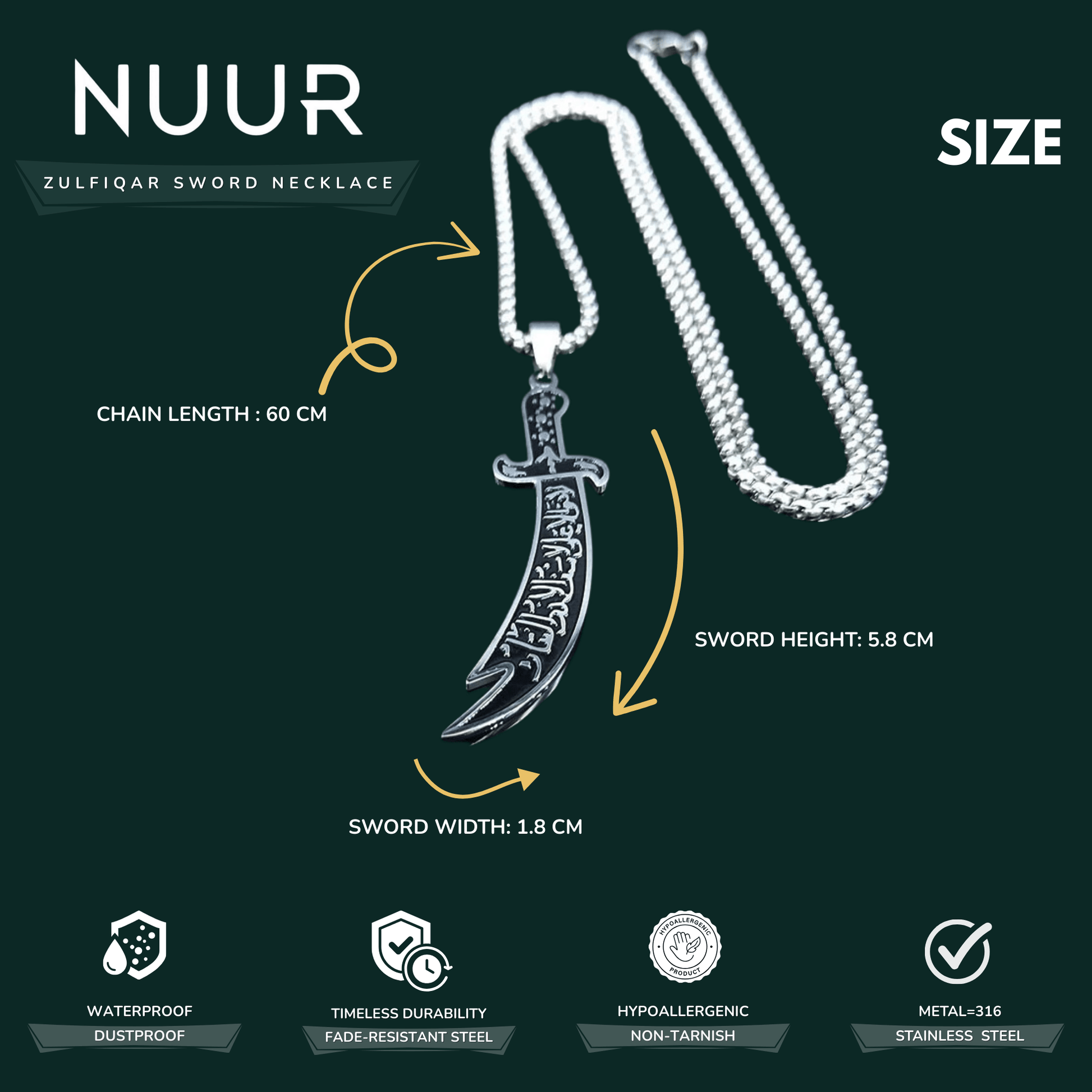 NUUR Zulfiqar Sword Necklace – Stainless Steel, Non - Tarnish | Gift - Ready Islamic Jewelry - NUUR | South Africa | Official Store
