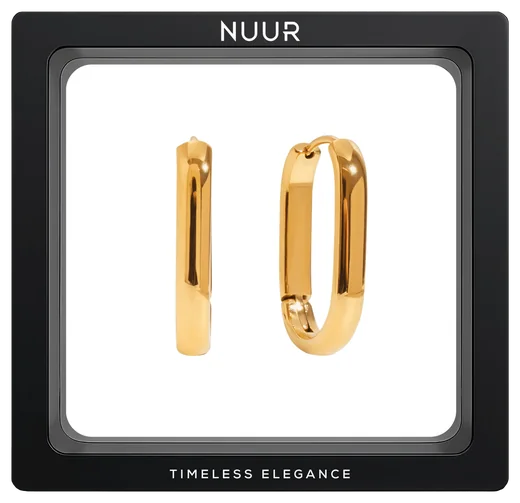 NUUR Amari U-shaped 18K gold plated hoop earrings in a black display frame