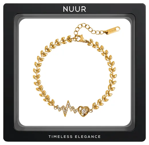 NUUR Amelia 18K gold plated heart and wave bracelet in a black display frame