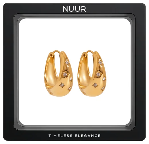 NUUR Astra chunky 18K gold plated hoop earrings with zircon stars in a black display frame