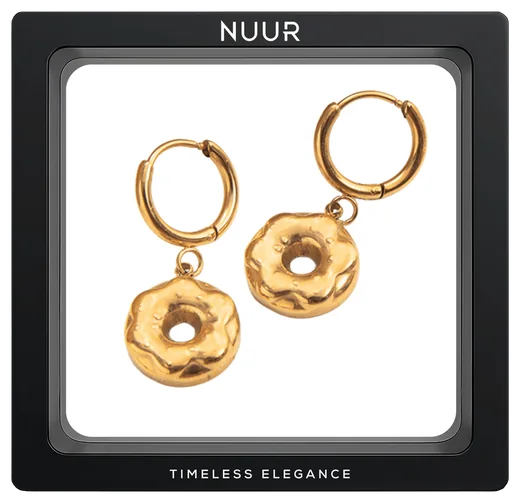 NUUR Donut sculptural gold-plated charm hoop earrings in a black display frame