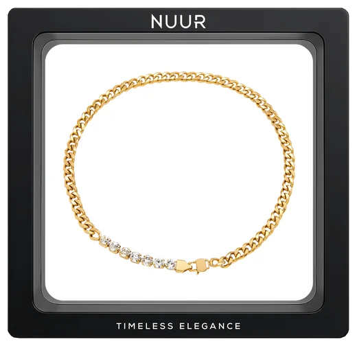 NUUR Elva 18K gold plated curb chain necklace with white zircon stones in a black display frame