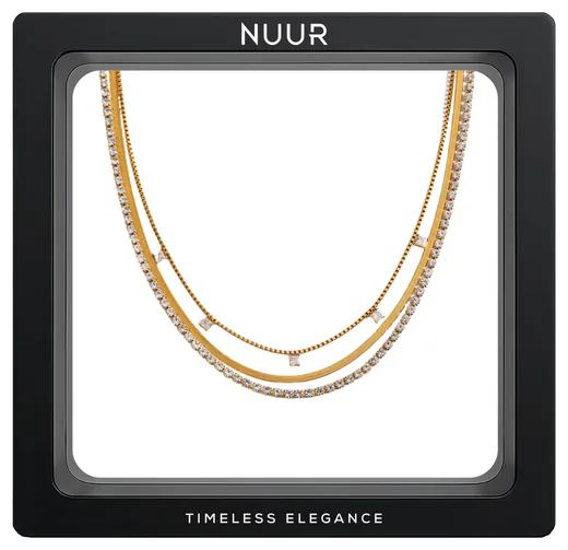 NUUR Kaia layered 18K gold plated necklace with square zircon detail in a black display frame