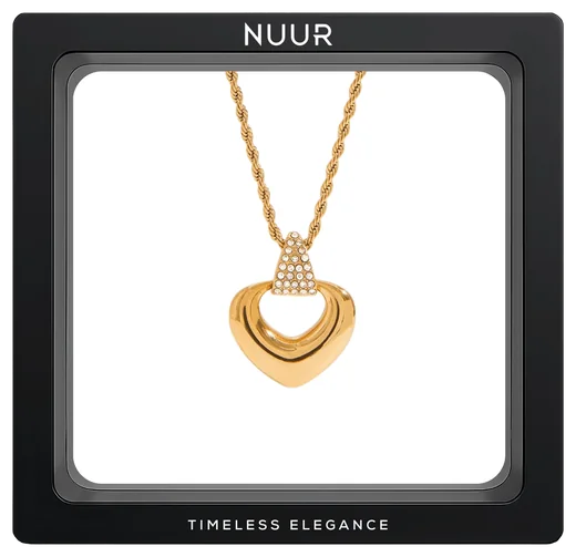 NUUR Liora 18K gold plated heart pendant necklace on a rope chain in a black display frame