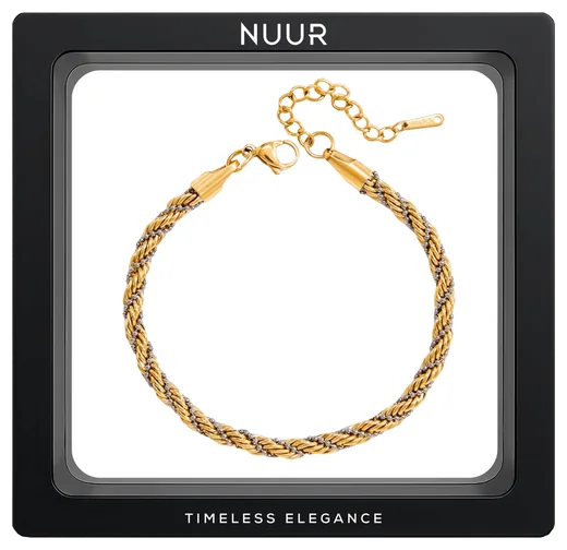 NUUR Nova two-tone gold plated rope chain bracelet in a black display frame