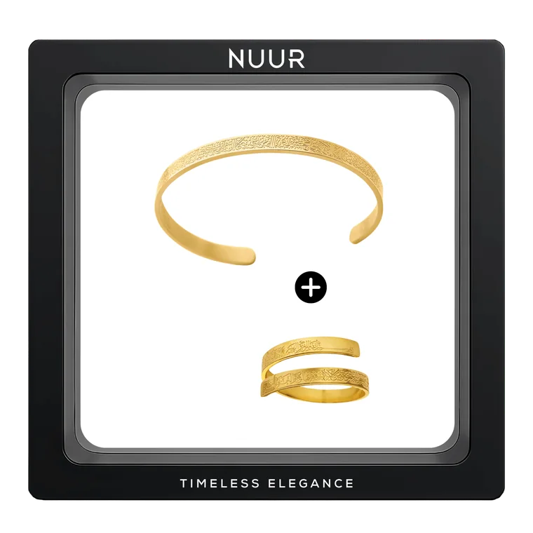 NUUR Ayatul Kursi bracelet and ring set in the 18K gold plated finish, the open bracelet above the wrap ring, in the black NUUR display frame